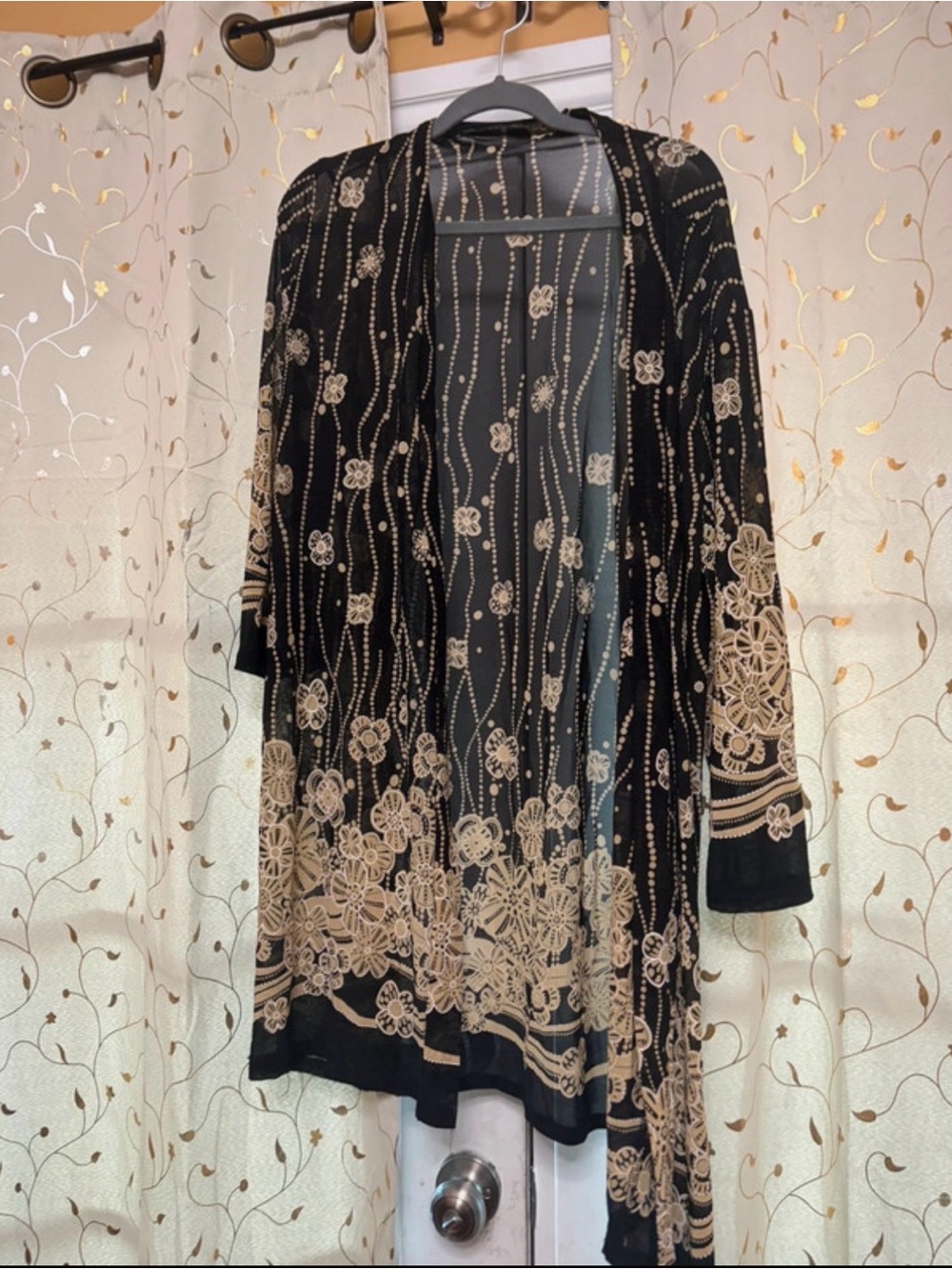 Black Floral Lace-Accent Open Cardigan Sweater